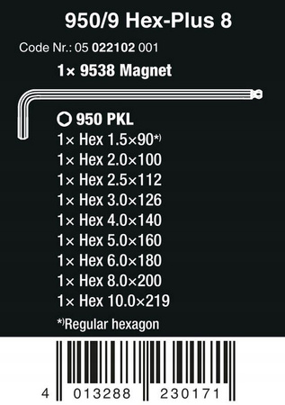 ZESTAW IMBUSÓW KLUCZY TRZPIENIOWYCH 950/9 HEX-PLUS 8, 9CZ 05022102001 WERA