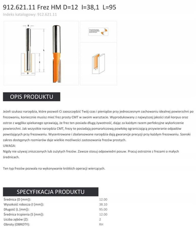 Frez trzpieniowy CMT 912.621.11 12mm