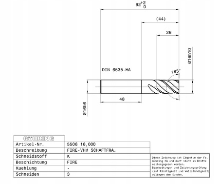 Frez do rowkowania GUHRING VHM FIRE 5506 fi 16.00