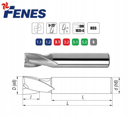 Frez palcowy, trzpieniowy, walcowy Fenes 0641-552-100-285