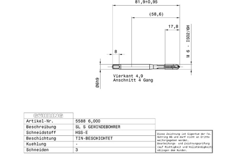 Gwintowniki M6 / ISO2/6H / DIN 371 / HSS-E / TiN