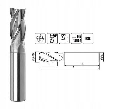 Frez palcowy, walcowo-czołowy, walcowy Fenes średnica 4 mm HSS