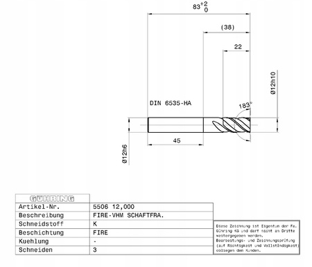 Frez do rowkowania GUHRING VHM FIRE 5506 fi 12.00