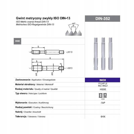 Gwintownik ręczny inox M14 DIN-352/3-P hsse