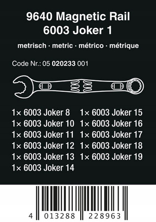 Klucze Joker 9640 z zestawem 11 części 8-19mm listwa magnetyczna WERA 05020233001